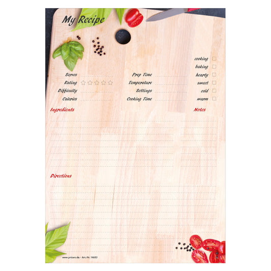 rezeptblock  kitchen board, a4, englische sprachversion, optik eines holz küchenbretts mit gemüse, frontansicht