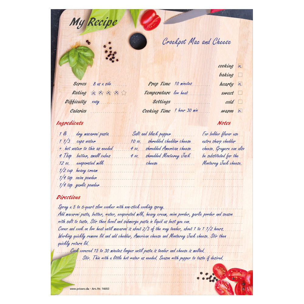 rezeptblock kitchen board, a4, englische sprachversion, optik eines holz küchenbretts mit gemüse, ausfüllbeispiel