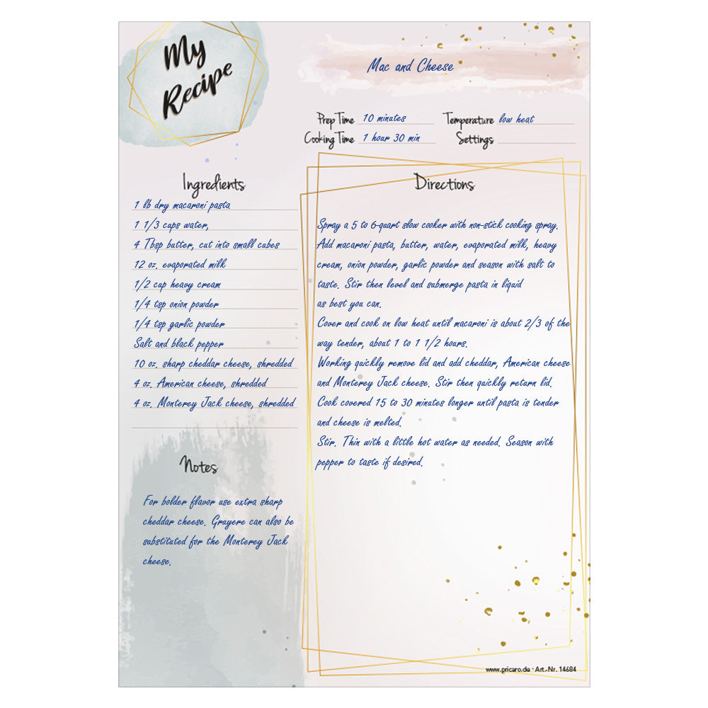 rezeptblock  golden dots, a4, englische sprachversion, ausfüllbeispiel