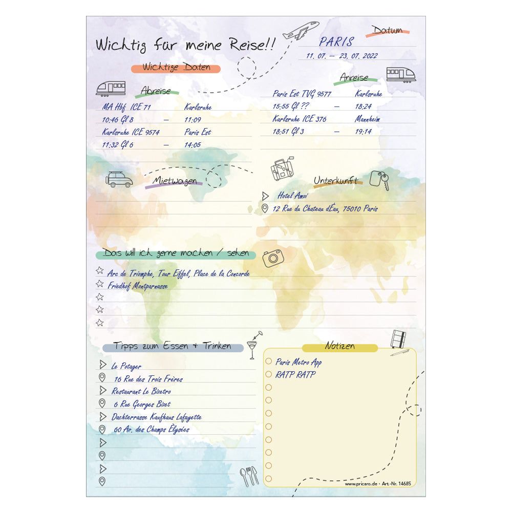 reiseplaner journal zum ausfüllen für reiseinfos wie z.B. reisedaten, etc., ausfüllbeispiel