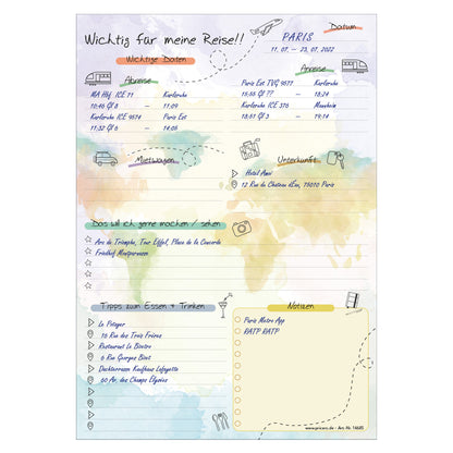 reiseplaner journal zum ausfüllen für reiseinfos wie z.B. reisedaten, etc., ausfüllbeispiel