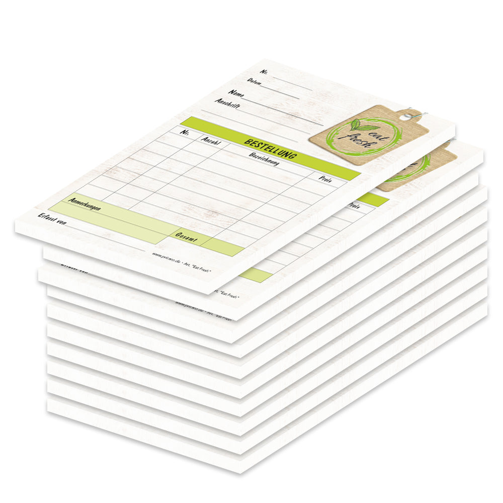 Bestellannahmeblock eat fresh, a6, braune holzoptik mit grünen akzenten, platz für wichtige bestellinformationen wie kundendaten, artikeldaten, preis, uvm., 10er set