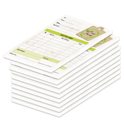 Bestellannahmeblock eat fresh, a6, braune holzoptik mit grünen akzenten, platz für wichtige bestellinformationen wie kundendaten, artikeldaten, preis, uvm., 10er set