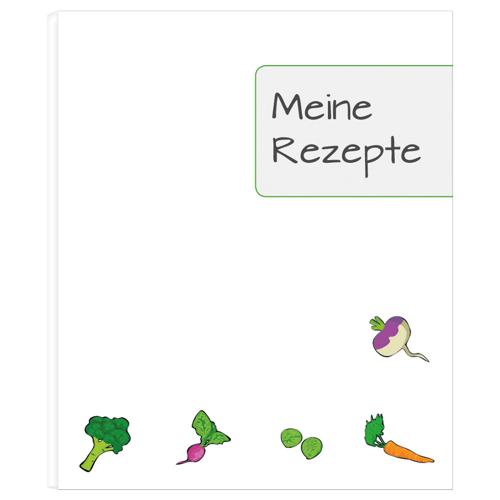 rezeptordner querbeet, a4, frontansicht weiße optik mit gemüse und aufschrift meine rezepte