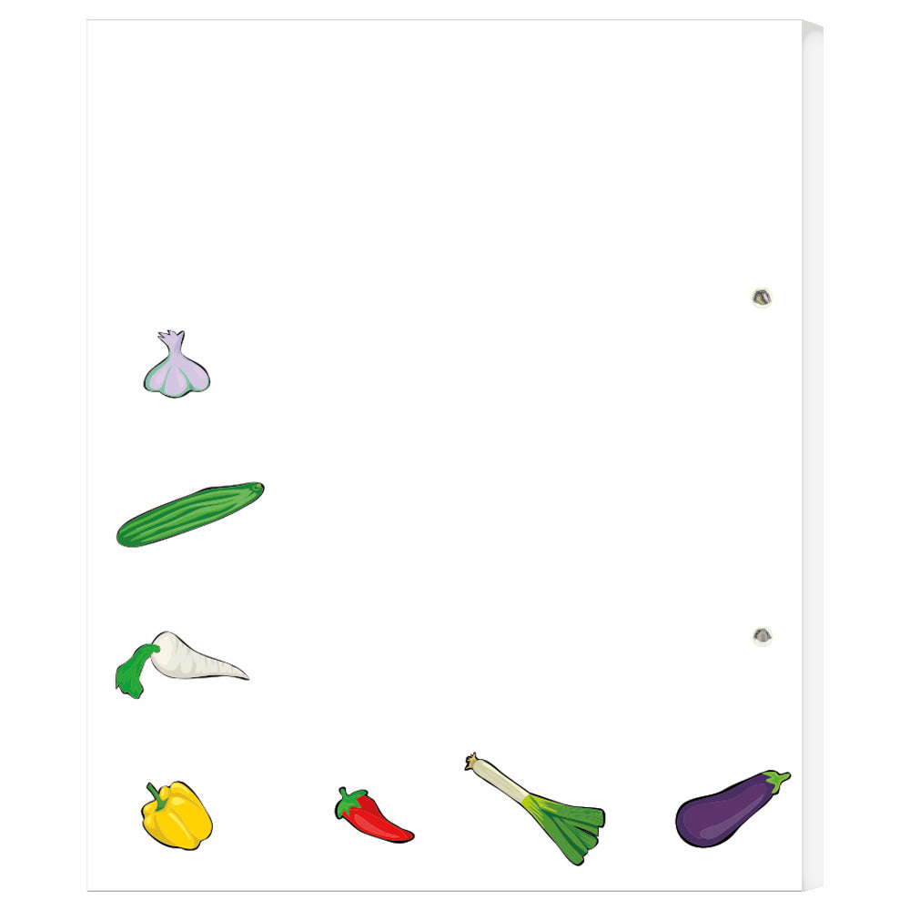 rezeptordner querbeet, a4, ansicht rückseite, weiße optik mit gemüse.
