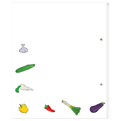 rezeptordner querbeet, a4, ansicht rückseite, weiße optik mit gemüse.