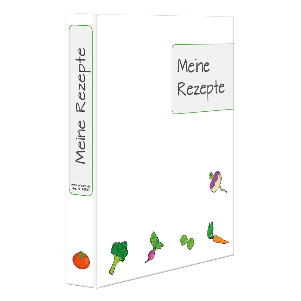 rezeptordner querbeet, a4, frontansicht weiße optik mit gemüse und aufschrift meine rezepte