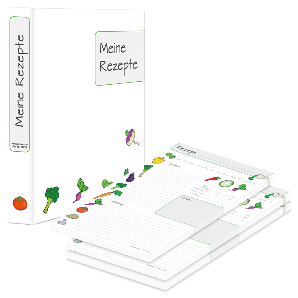 rezeptordner mit rezeptblöcken querbeet, a4, frontansicht weiße optik mit gemüse und aufschrift meine rezepte
