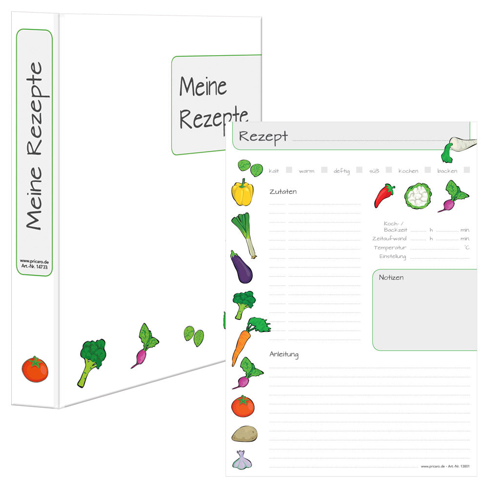 rezeptordner mit rezeptblöcken querbeet, a4, frontansicht weiße optik mit gemüse und aufschrift meine rezepte, frontansicht