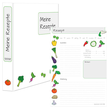 rezeptordner mit rezeptblöcken querbeet, a4, frontansicht weiße optik mit gemüse und aufschrift meine rezepte, frontansicht