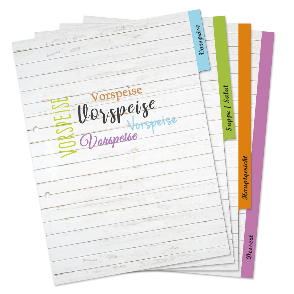 rezeptregister vintage, grau/weiß-bunte optik, insgesamt 4 stück, 1x vorspreise, 1x, 1x suppe/salat, 1x hauptgericht, 1x dessert,  aufgefächert