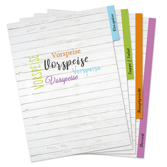 rezeptregister vintage, grau/weiß-bunte optik, insgesamt 4 stück, 1x vorspreise, 1x, 1x suppe/salat, 1x hauptgericht, 1x dessert,  aufgefächert
