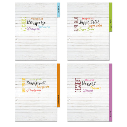 rezeptregister vintage, grau/weiß-bunte optik, insgesamt 4 stück, 1x vorspreise, 1x, 1x suppe/salat, 1x hauptgericht, 1x dessert