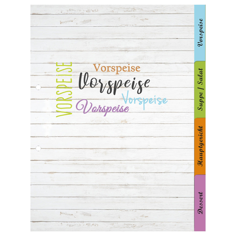rezeptregister vintage, grau/weiß-bunte optik, insgesamt 4 stück, 1x vorspreise, 1x, 1x suppe/salat, 1x hauptgericht, 1x dessert