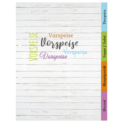 rezeptregister vintage, grau/weiß-bunte optik, insgesamt 4 stück, 1x vorspreise, 1x, 1x suppe/salat, 1x hauptgericht, 1x dessert