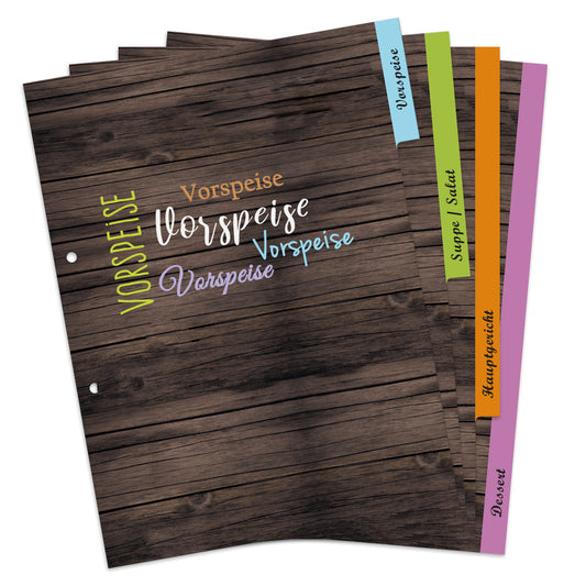 rezeptregister mediterran, braun-bunte optik, insgesamt 4 stück, 1x vorspreise, 1x, 1x suppe/salat, 1x hauptgericht, 1x dessert, aufgefächert