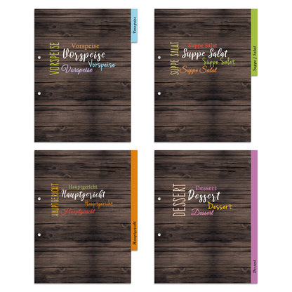 rezeptregister mediterran, braun-bunte optik, insgesamt 4 stück, 1x vorspreise, 1x, 1x suppe/salat, 1x hauptgericht, 1x dessert
