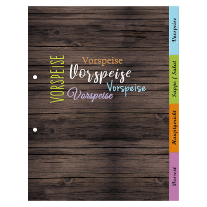 rezeptregister mediterran, braun-bunte optik, insgesamt 4 stück, 1x vorspreise, 1x, 1x suppe/salat, 1x hauptgericht, 1x dessert, aufeinander gestapelt