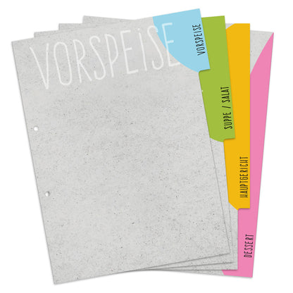 rezeptregister concrete, grau-bunte optik, insgesamt 4 stück, 1x vorspreise, 1x, 1x suppe/salat, 1x hauptgericht, 1x dessert, aufgefächert