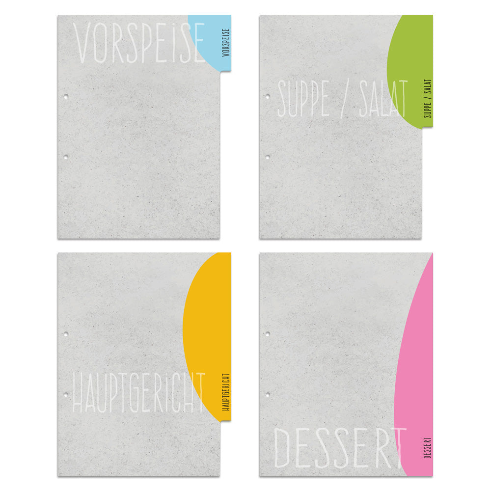 rezeptregister concrete, grau-bunte optik, insgesamt 4 stück, 1x vorspreise, 1x, 1x suppe/salat, 1x hauptgericht, 1x dessert