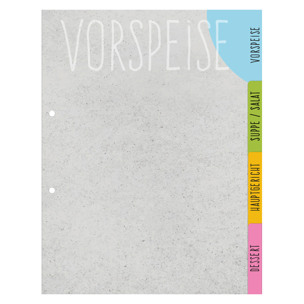 rezeptregister concrete, grau-bunte optik, insgesamt 4 stück, 1x vorspreise, 1x, 1x suppe/salat, 1x hauptgericht, 1x dessert, aufeinander gestapelt