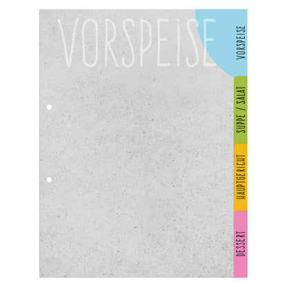 rezeptregister concrete, grau-bunte optik, insgesamt 4 stück, 1x vorspreise, 1x, 1x suppe/salat, 1x hauptgericht, 1x dessert, aufeinander gestapelt