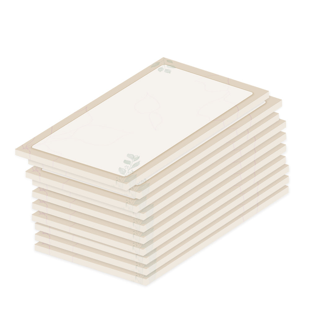 notizblock a7 blätter, beige optik mit beigem rahmen kleinen aufgedruckten blättern, 10er set