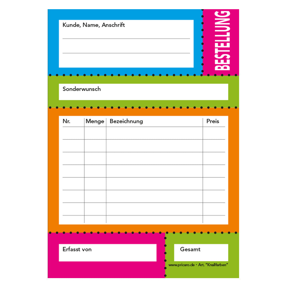 Bestellannahmeblock knallfarben, a6, bunte optik, mit zeilen für alle wichtigen informationen wie z.B. kundenanschrift, bestelldetails wie artikel, preis uvm., frontansicht