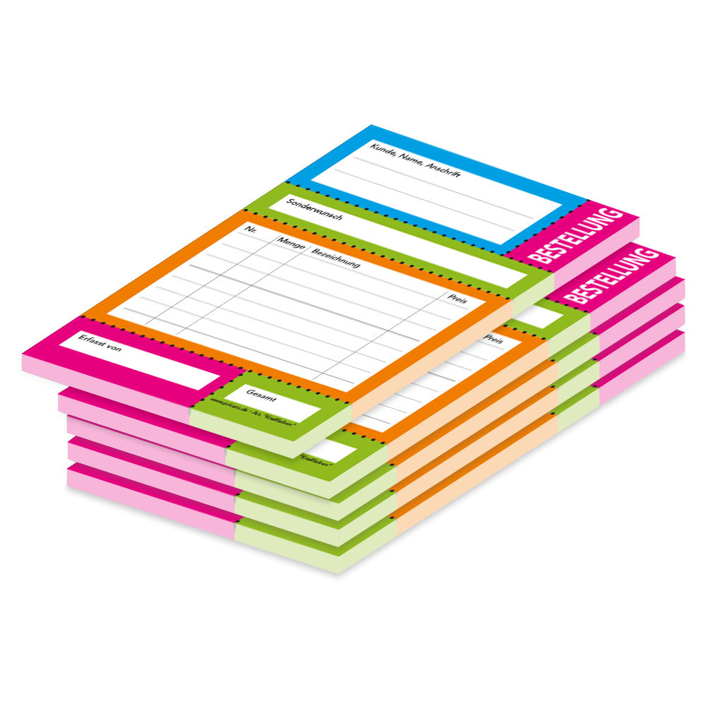 Bestellannahmeblock knallfarben, a6, bunte optik, mit zeilen für alle wichtigen informationen wie z.B. kundenanschrift, bestelldetails wie artikel, preis uvm., 5er set