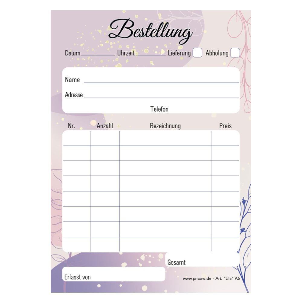 Bestellannahmeblock lila, a6, lila-rosafarbene optik, platz für wichtige bestellinformationen wie kundendaten, artikeldaten, preis, uvm., frontansicht