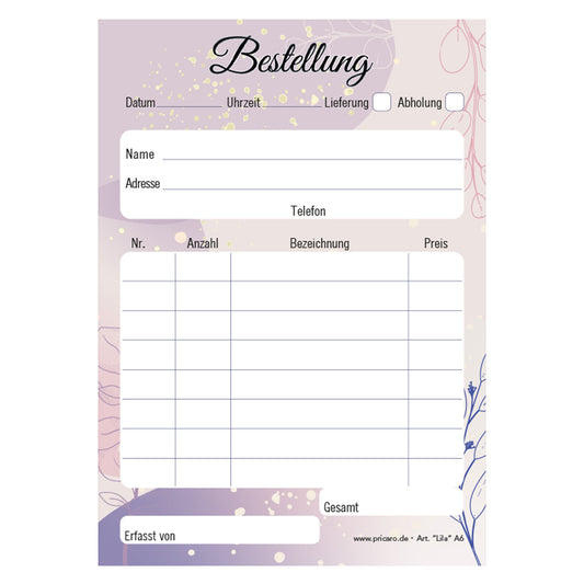 Bestellannahmeblock lila, a6, lila-rosafarbene optik, platz für wichtige bestellinformationen wie kundendaten, artikeldaten, preis, uvm., frontansicht