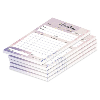 Bestellannahmeblock lila, a6, lila-rosafarbene optik, platz für wichtige bestellinformationen wie kundendaten, artikeldaten, preis, uvm., 5er set