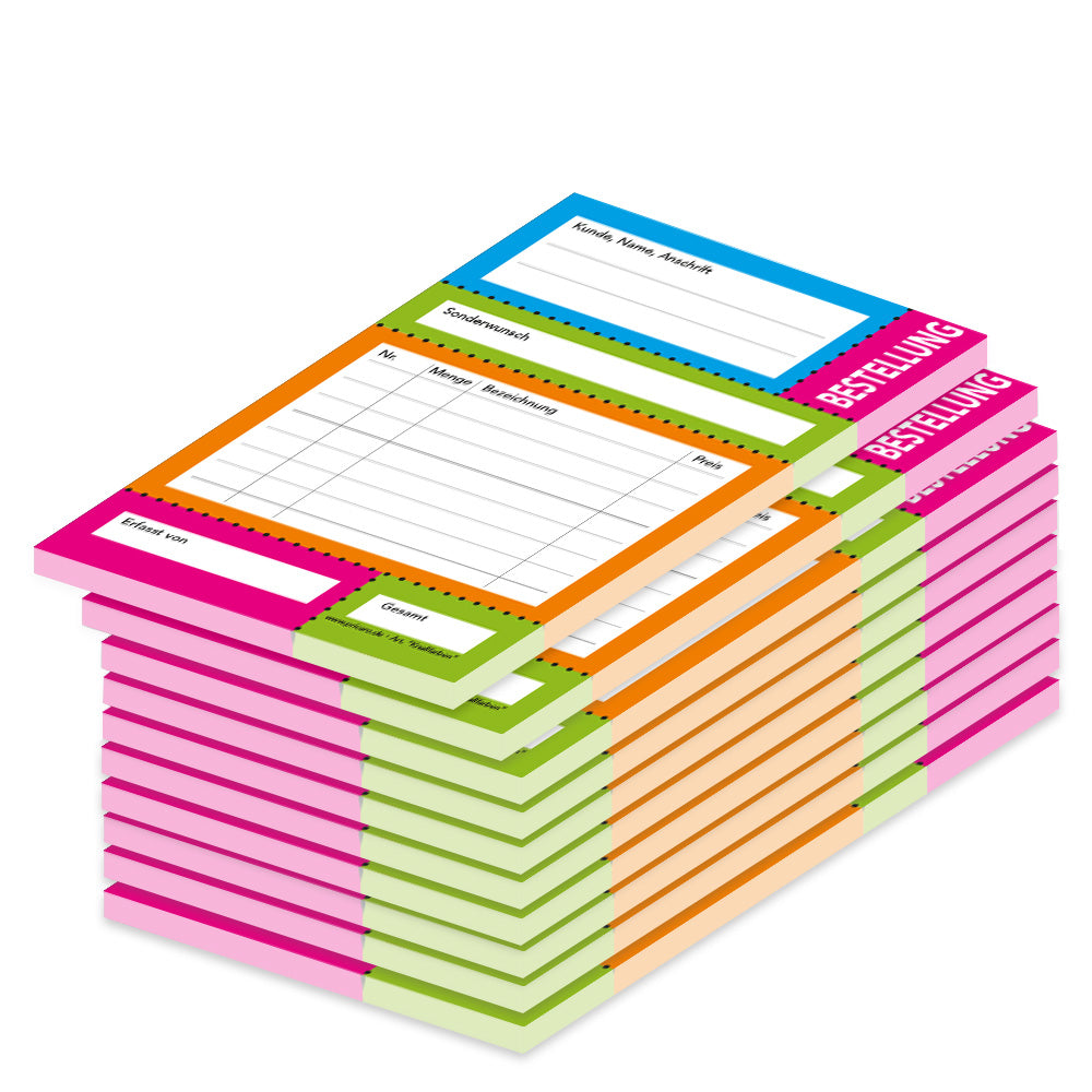 Bestellannahmeblock knallfarben, a6, bunte optik, mit zeilen für alle wichtigen informationen wie z.B. kundenanschrift, bestelldetails wie artikel, preis uvm., 10er set