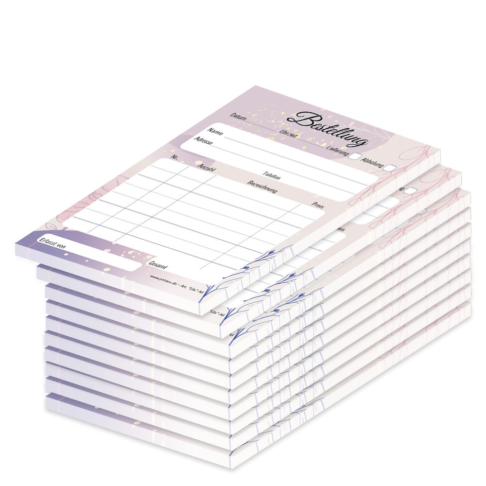 Bestellannahmeblock lila, a6, lila-rosafarbene optik, platz für wichtige bestellinformationen wie kundendaten, artikeldaten, preis, uvm., 10er set