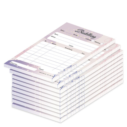 Bestellannahmeblock lila, a6, lila-rosafarbene optik, platz für wichtige bestellinformationen wie kundendaten, artikeldaten, preis, uvm., 10er set