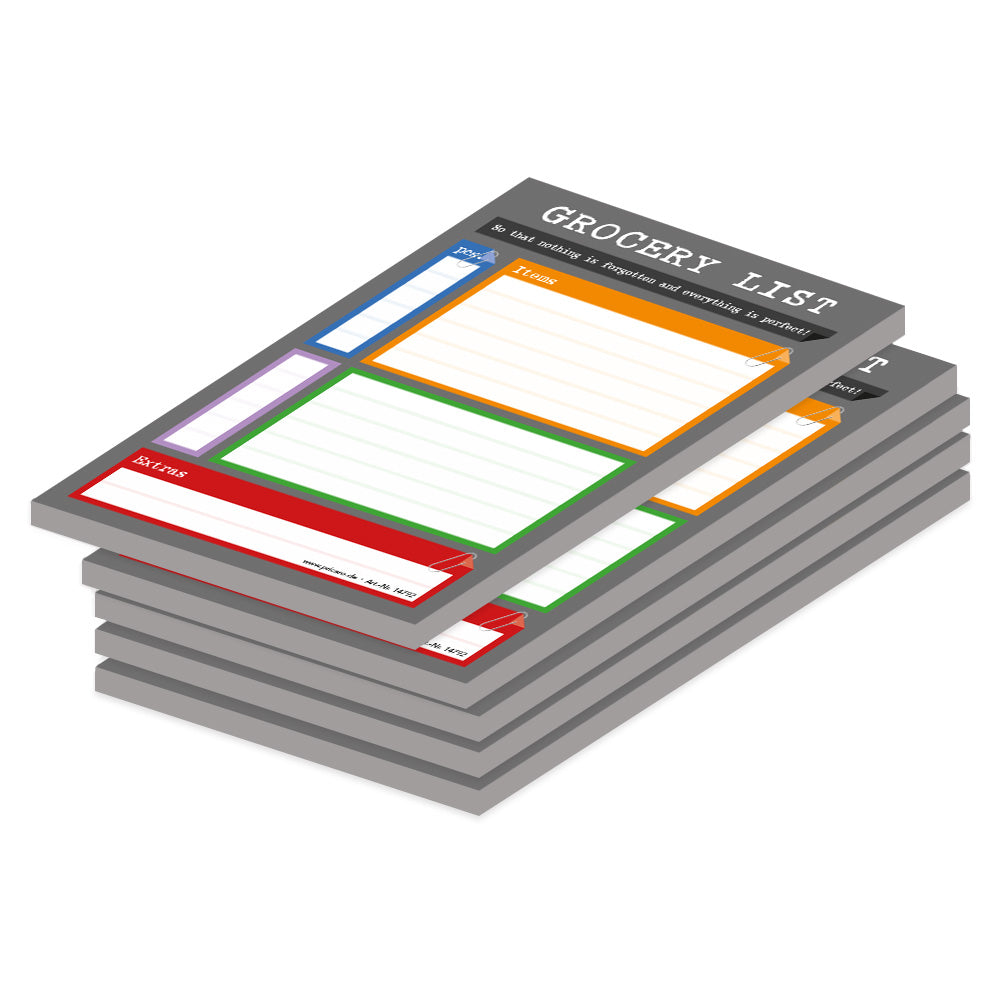 einkaufsliste perfekt, a6, englische sprachversion, grau-bunte optik mit der aufschrift grocery list, 5er set