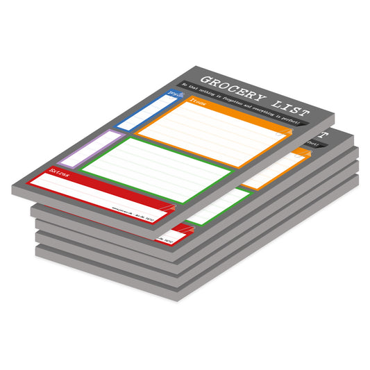 einkaufsliste perfekt, a6, englische sprachversion, grau-bunte optik mit der aufschrift grocery list, 5er set