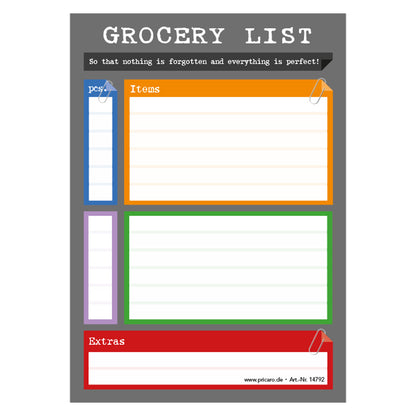einkaufsliste perfekt, a6, englische sprachversion, grau-bunte optik mit der aufschrift grocery list, frontansicht