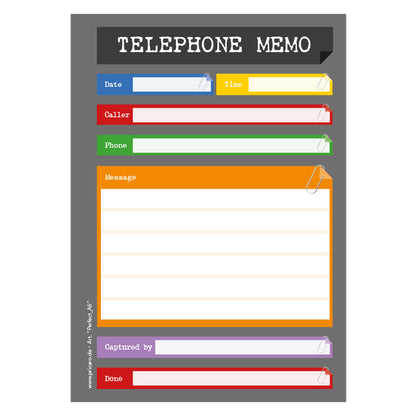 telefonnotizblock perfekt, grau-bunte optik, mit platz für datum, anruferinfos und anmerkungen, front ansicht, englische sprachversion