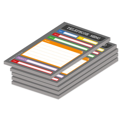 telefonnotizblock perfekt, grau-bunte optik, mit platz für datum, anruferinfos und anmerkungen, 5er set, englische sprachversion