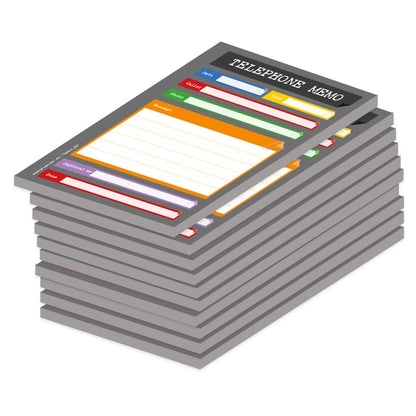 telefonnotizblock perfekt, grau-bunte optik, mit platz für datum, anruferinfos und anmerkungen, 10er set, englische sprachversion