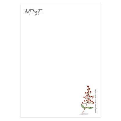 notizblock blumig, variante red berries rotem beerenstrauchl am unteren rechten rand abgebildet und der aufschrift don´t forget am oberen rand
