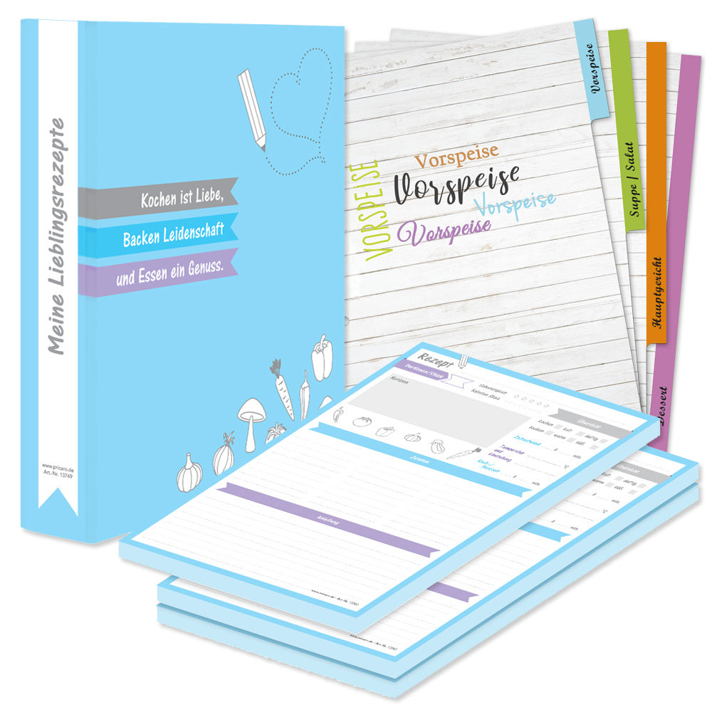 rezeptordner komplett-set allerlei, a4, rezeptordner allerlei blaue optik mit abgebildetem illustriertem gemüse und der aufschrift kochen ist liebe, backen leidenschaft und essen ein genuss, mit drei passenden rezeptblöcken allerlei und passenden registern