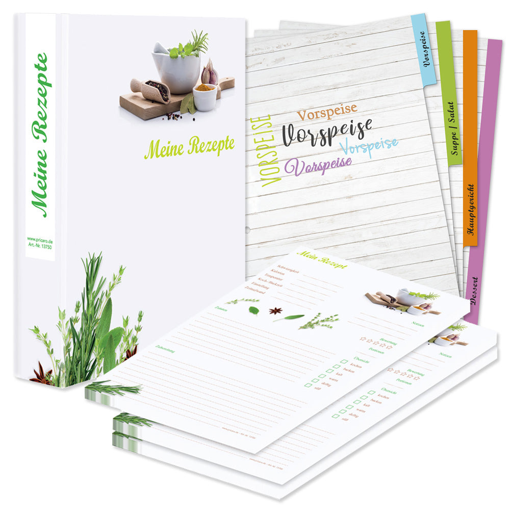 rezeptordner komplett-set gewürze, a4, rezeptordner gewürze weiß-grüne optik mit abgebildeten kräutern und gewürzen und der aufschrift meine rezepte, mit drei passenden rezeptblöcken gewürze und passenden registern