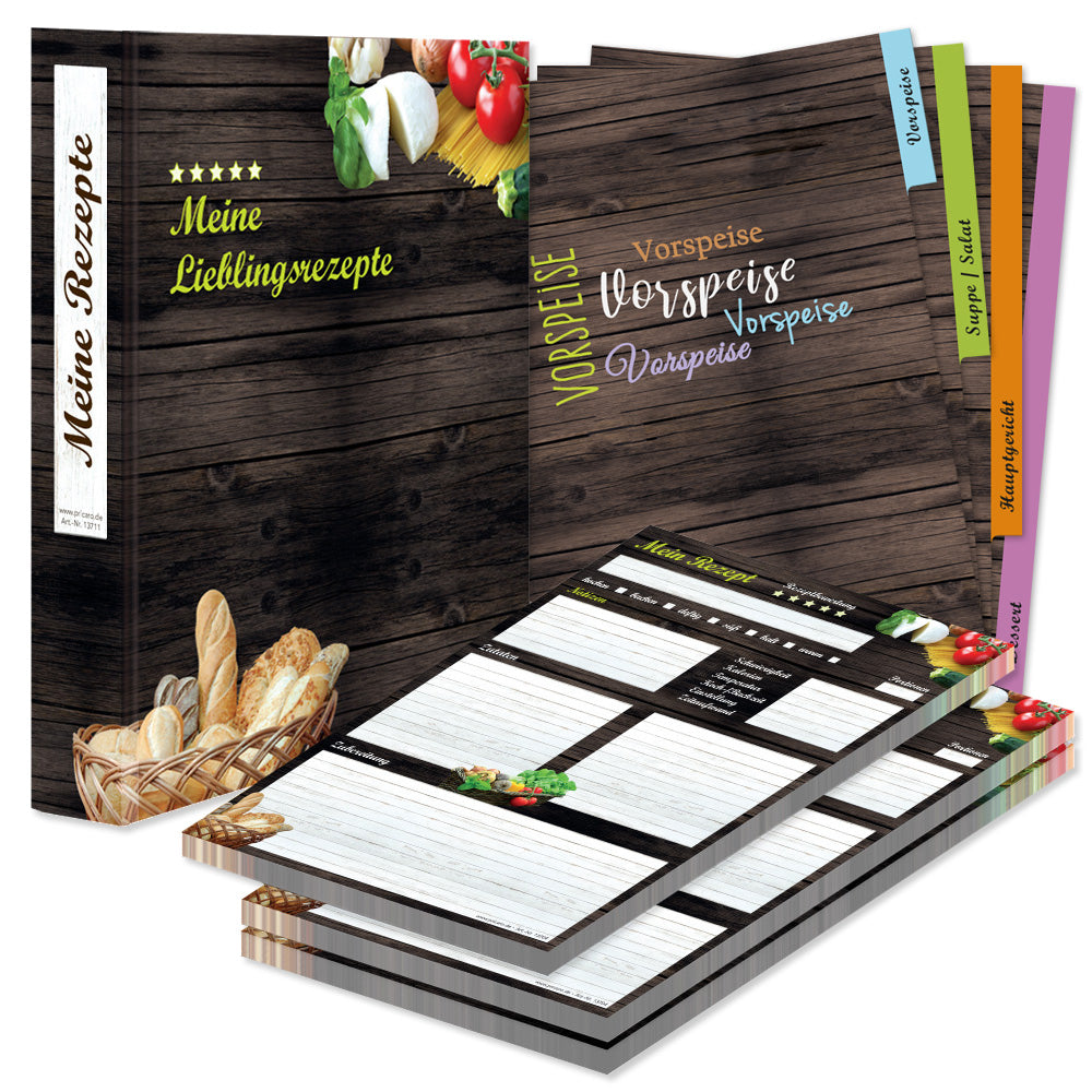 rezeptordner komplett-set mediterran, a4, rezeptordner mediterran braun-bunte optik mit abgebildeten pastazutaten und brot und der aufschrift meine lieblingsrezepte, mit drei passenden rezeptblöcken mediterran und passenden registern