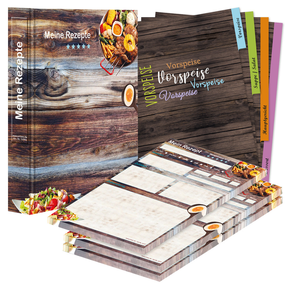 rezeptordner komplett-set farmhouse, a4, rezeptordner farmhouse braun-bunte optik mit abgebildeten grillpfannen und der aufschrift meine rezepte, mit drei passenden rezeptblöcken farmhouse und passenden registern