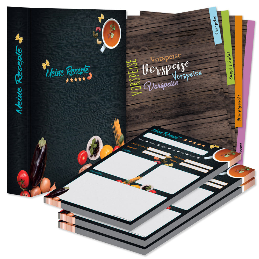 rezeptordner komplett-set buon appetito, a4, rezeptordner buon appetito schwarz-bunte optik mit abgebildeten pastazutaten und der aufschrift meine rezepte, mit drei passenden rezeptblöcken buon appetito und passenden registern