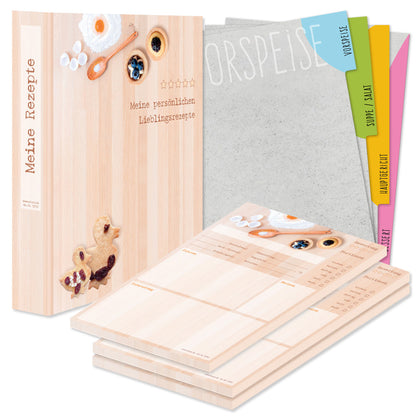 rezeptordner komplett-set backen, a4, rezeptordner backen beige optik mit abgebildeten backzutaten und keksen und der aufschrift meine persönlichen lieblingsrezepte, mit drei passenden rezeptblöcken backen und passenden registern