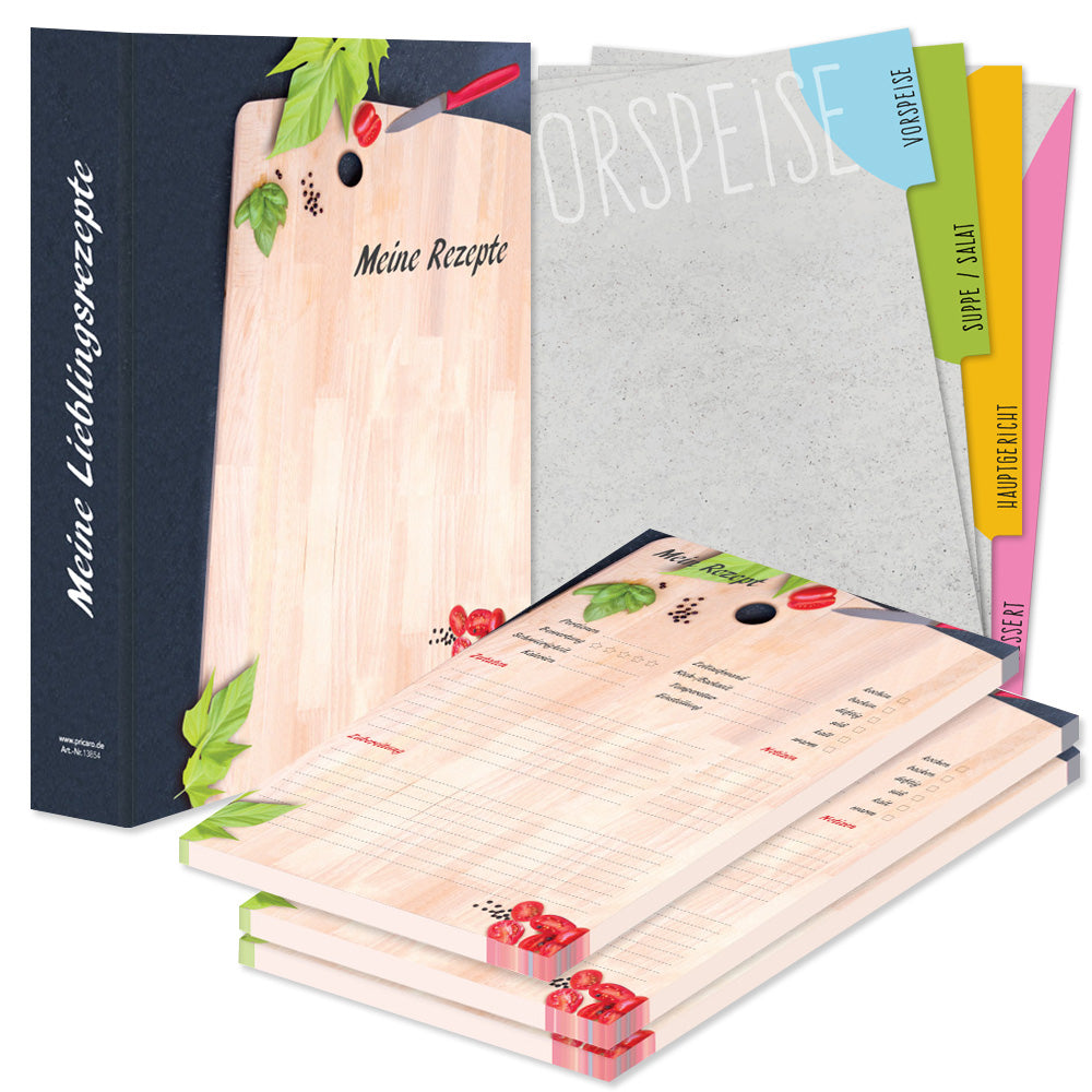 rezeptordner komplett-set schneidebrett, a4, rezeptordner schneidebrett schwarz-bunte optik mit abgebildetem schneidebrett und der aufschrift meine rezepte, mit drei passenden rezeptblöcken schneidebrett und passenden registern