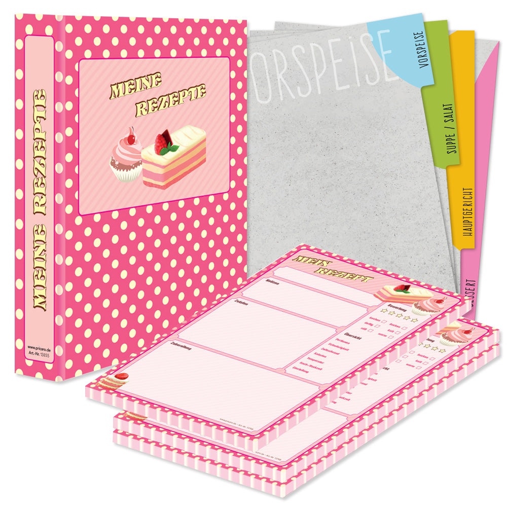 rezeptordner komplett-set retro, a4, rezeptordner retro pink-gelbe optik mit abgebildeten cupcakes und törtchen und der aufschrift meine rezepte, mit drei passenden rezeptblöcken retro und passenden registern